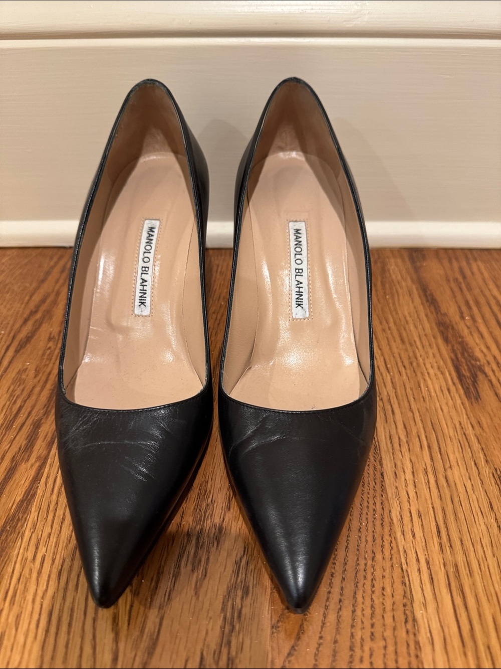 Manolo Blahnik Black Pointed-Toe Leather Pumps